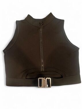 Black Sleeveless Crop Top with Front Zip and Buckle Detail